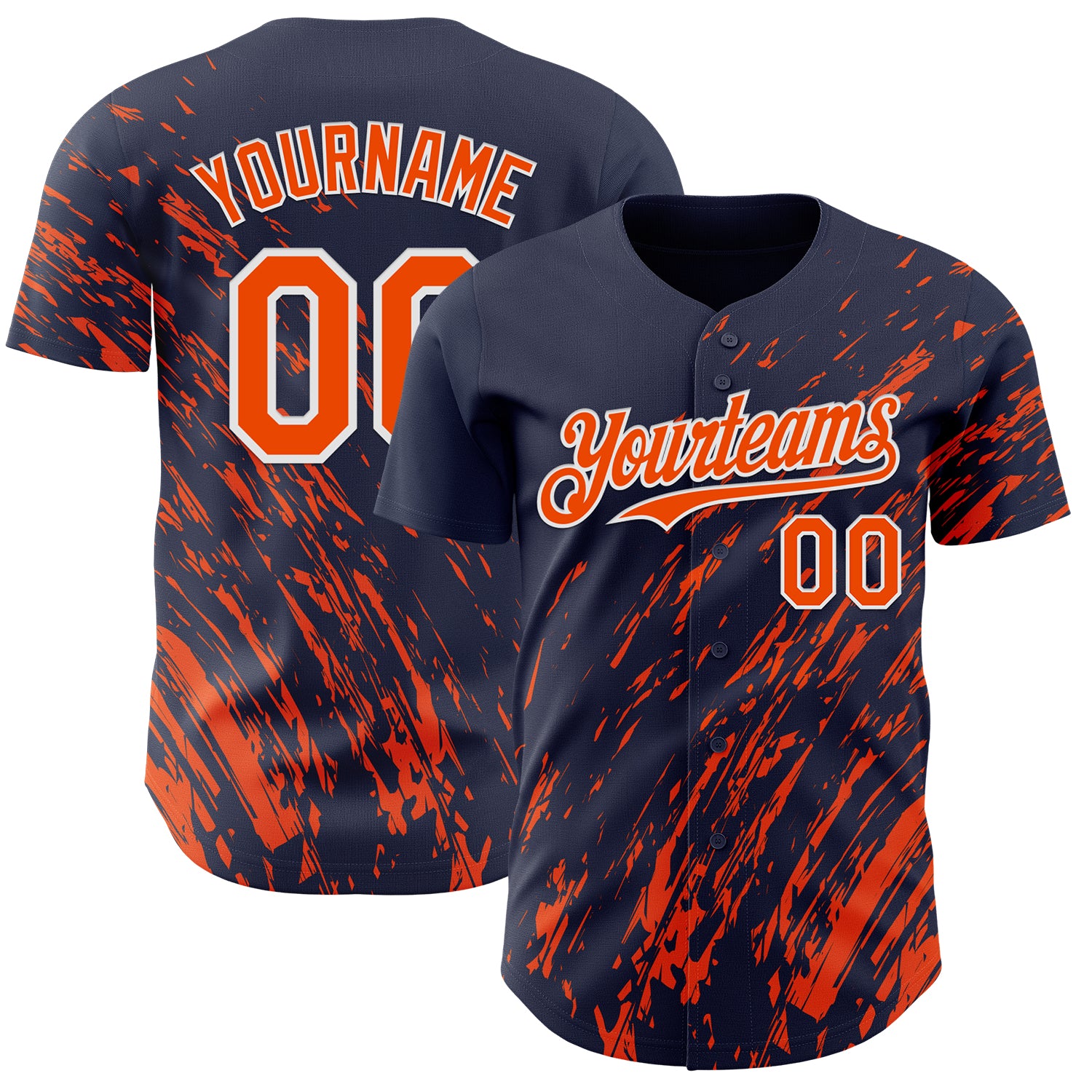 Custom Navy Orange-White 3D Pattern Design Paint Stroke Grunge Streak Authentic Baseball Jersey