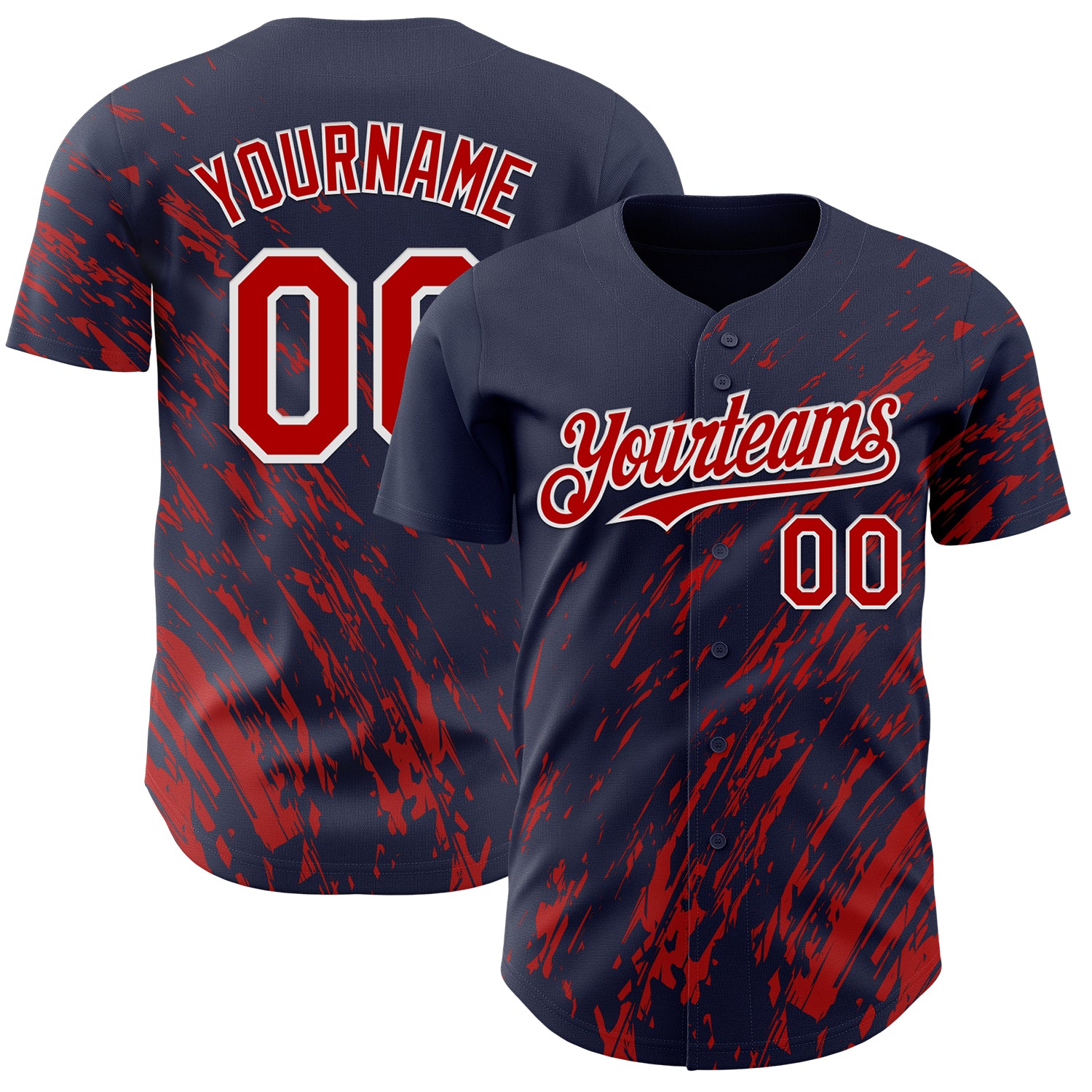 Custom Navy Red-White 3D Pattern Design Paint Stroke Grunge Streak Authentic Baseball Jersey