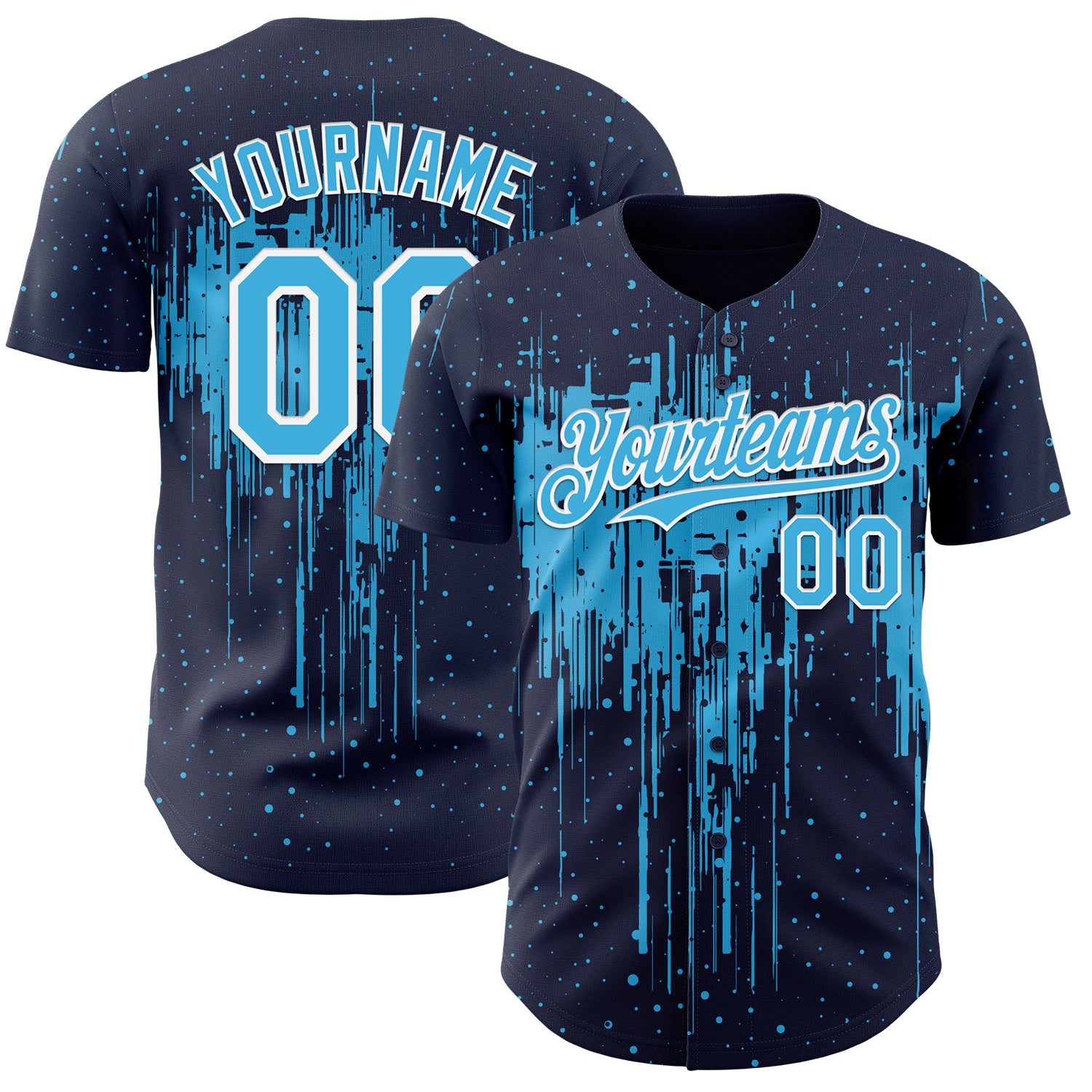 Custom Navy Sky Blue-White 3D Pattern Design Dripping Splatter Paint Authentic Baseball Jersey