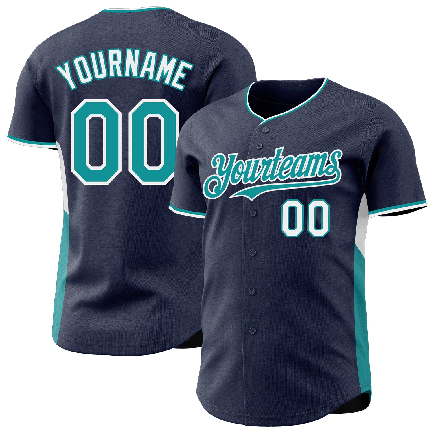 Custom Navy Teal-White Classic Color Block Side Panel Stripe Authentic Baseball Jersey