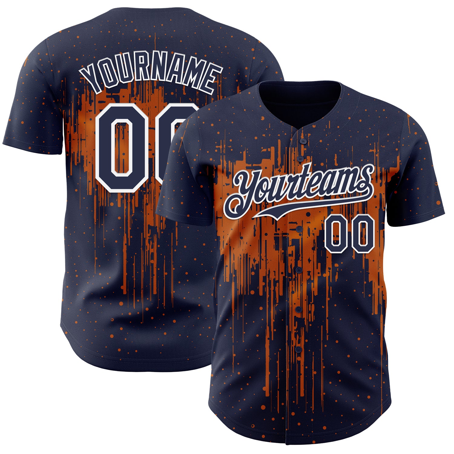Custom Navy White-Bay Orange 3D Pattern Design Dripping Splatter Paint Authentic Baseball Jersey