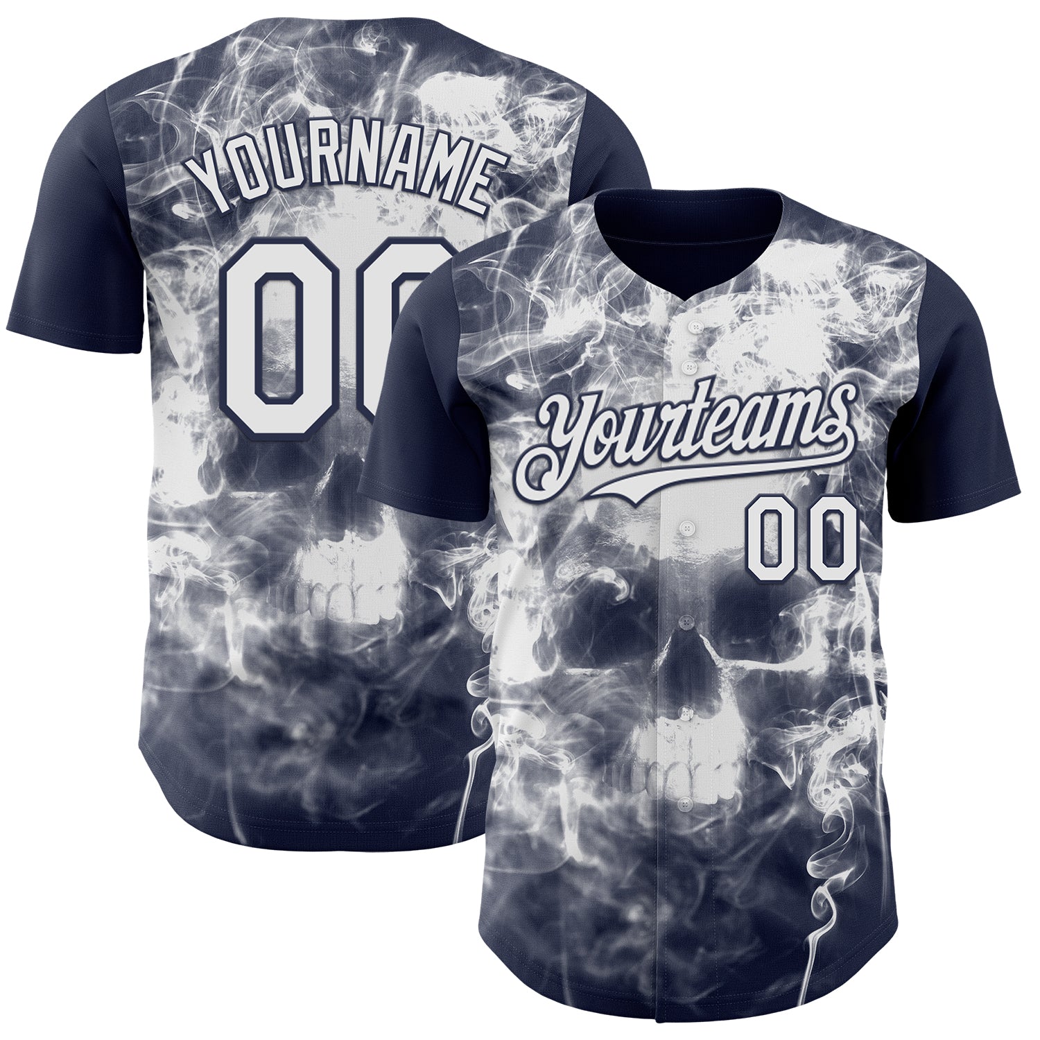 Custom Navy-White Flames Skull Smoke Authentic Baseball Jersey