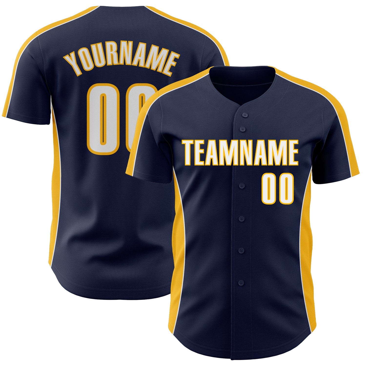 Custom Navy White-Gold Classic Color Block Side Panel Stripe Authentic Baseball Jersey