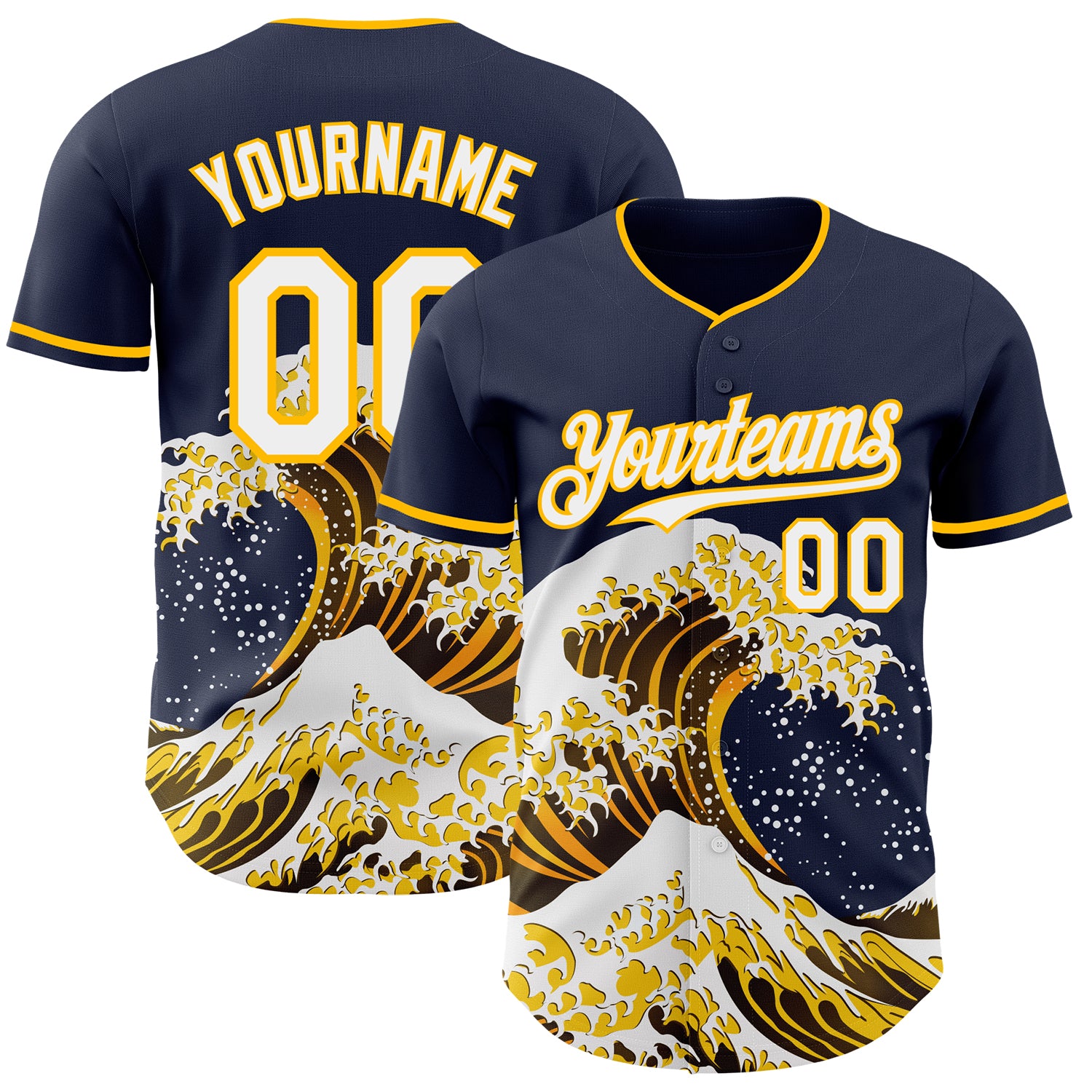 Custom Navy White-Gold Japanese Wave 3D Pattern Design Authentic Baseball Jersey