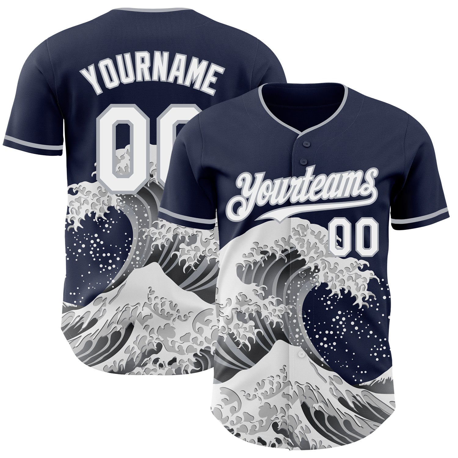 Custom Navy White-Gray Japanese Wave 3D Pattern Design Authentic Baseball Jersey
