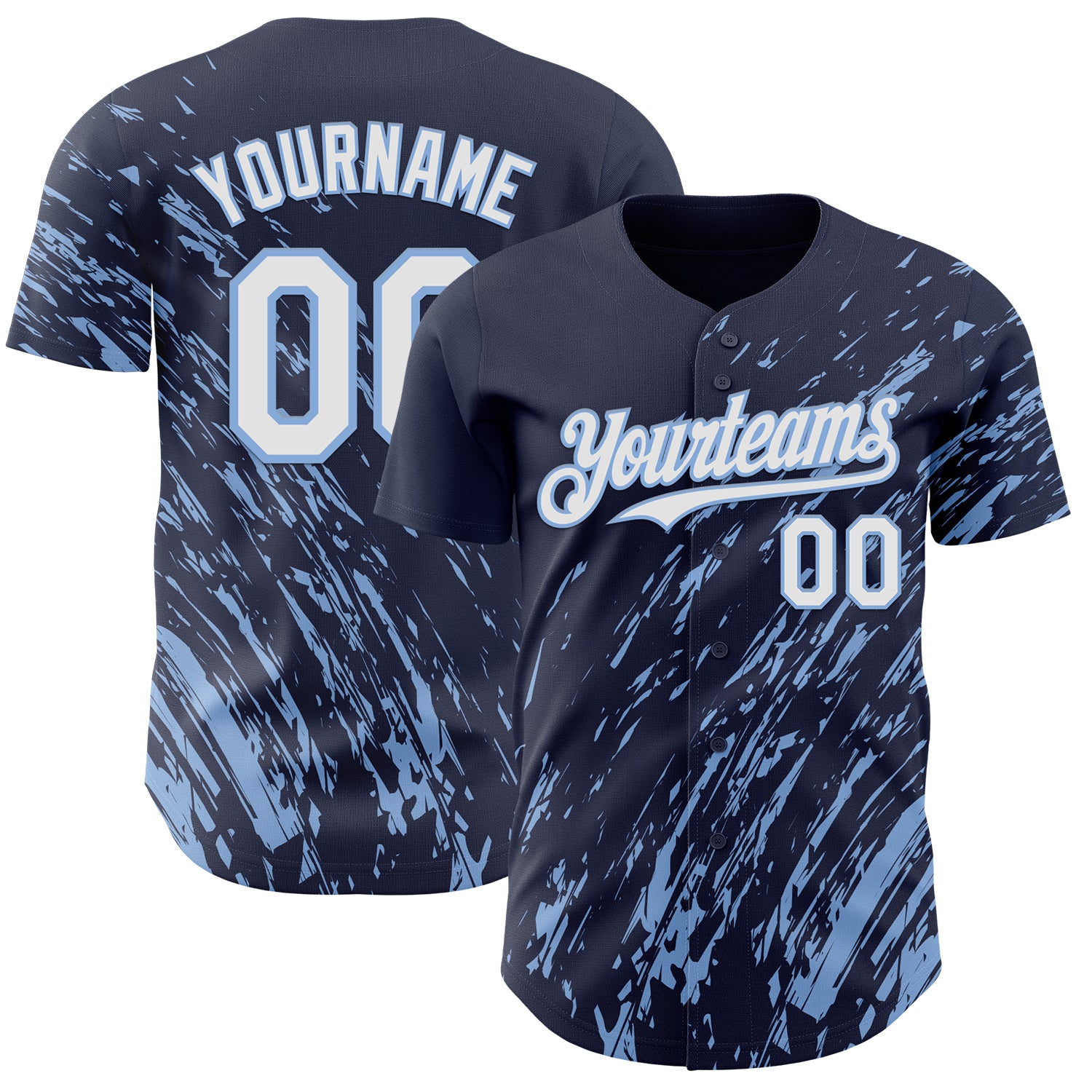 Custom Navy White-Light Blue 3D Pattern Design Paint Stroke Grunge Streak Authentic Baseball Jersey