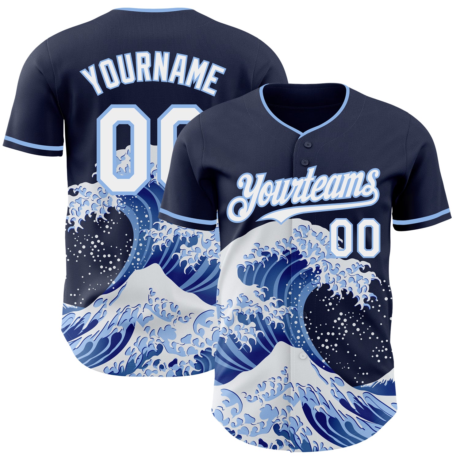 Custom Navy White-Light Blue Japanese Wave 3D Pattern Design Authentic Baseball Jersey