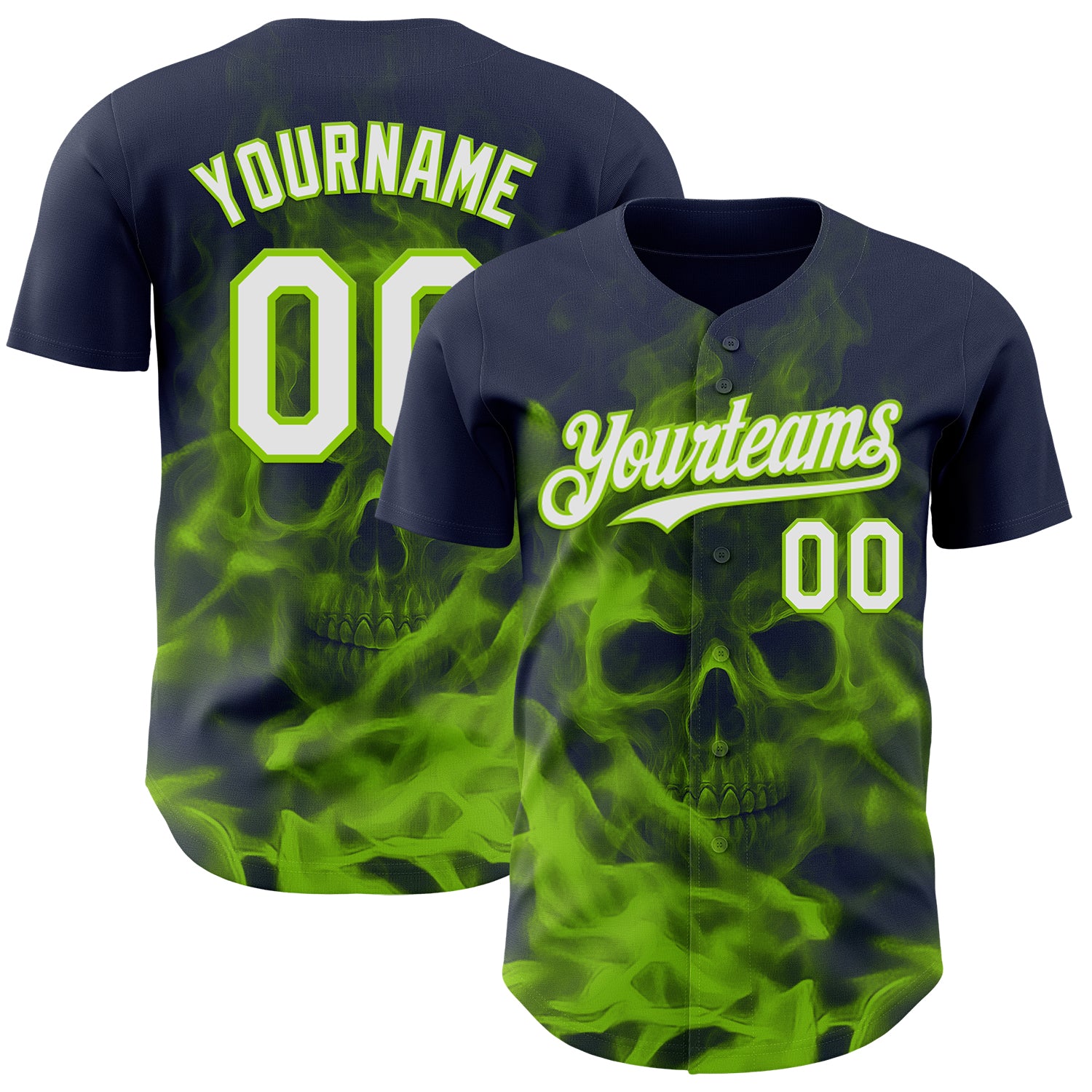 Custom Navy White-Neon Green Flames Skull Smoke Authentic Baseball Jersey