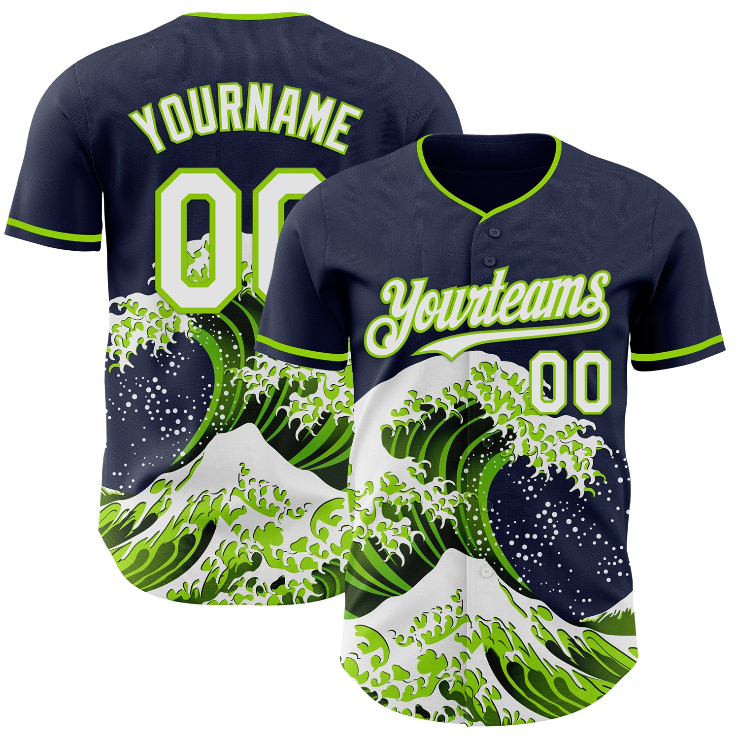 Custom Navy White-Neon Green Japanese Wave 3D Pattern Design Authentic Baseball Jersey
