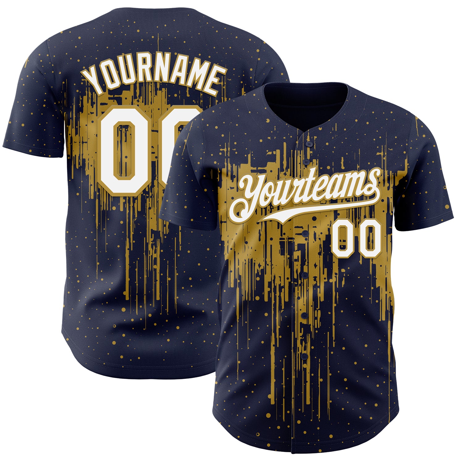 Custom Navy White-Old Gold 3D Pattern Design Dripping Splatter Paint Authentic Baseball Jersey