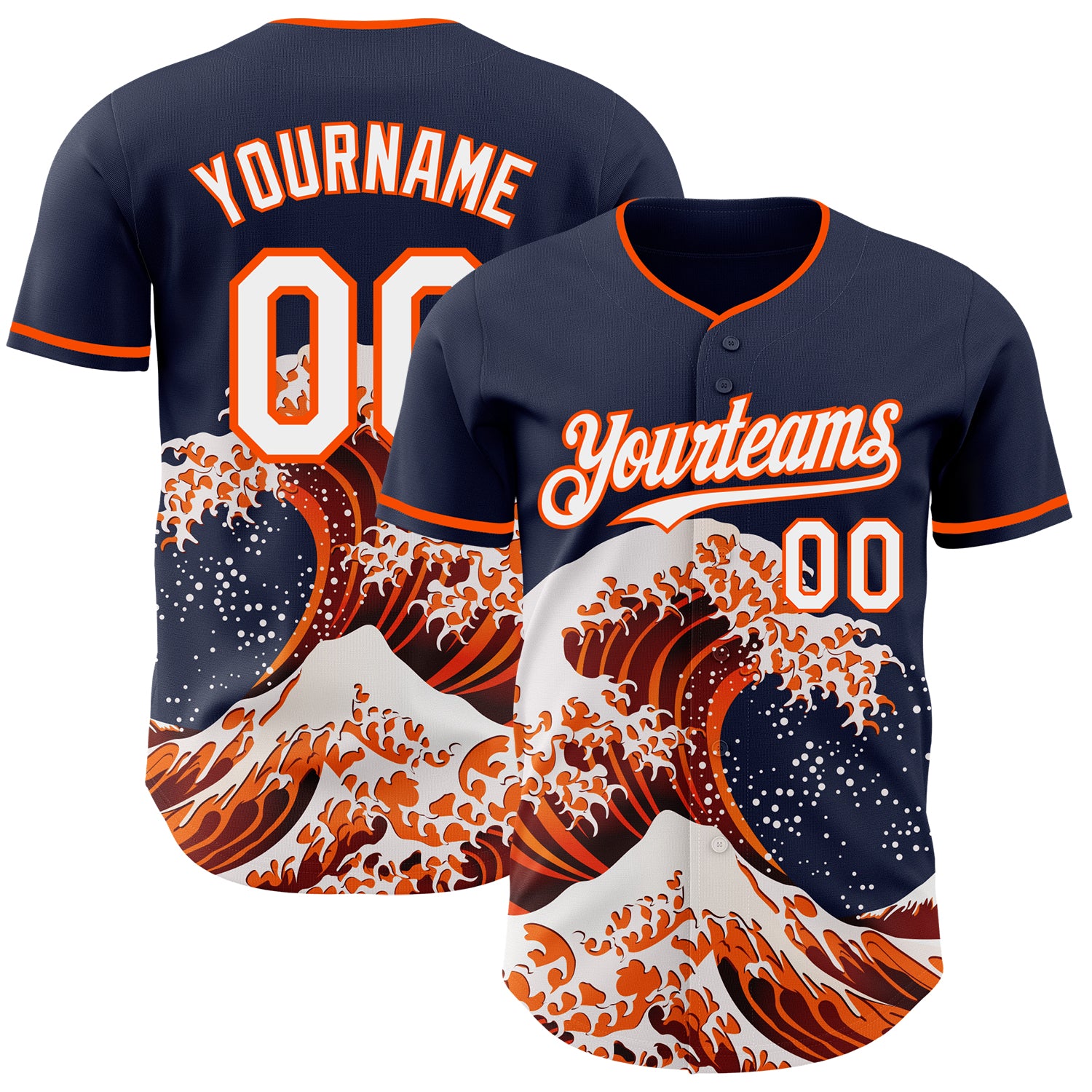 Custom Navy White-Orange Japanese Wave 3D Pattern Design Authentic Baseball Jersey