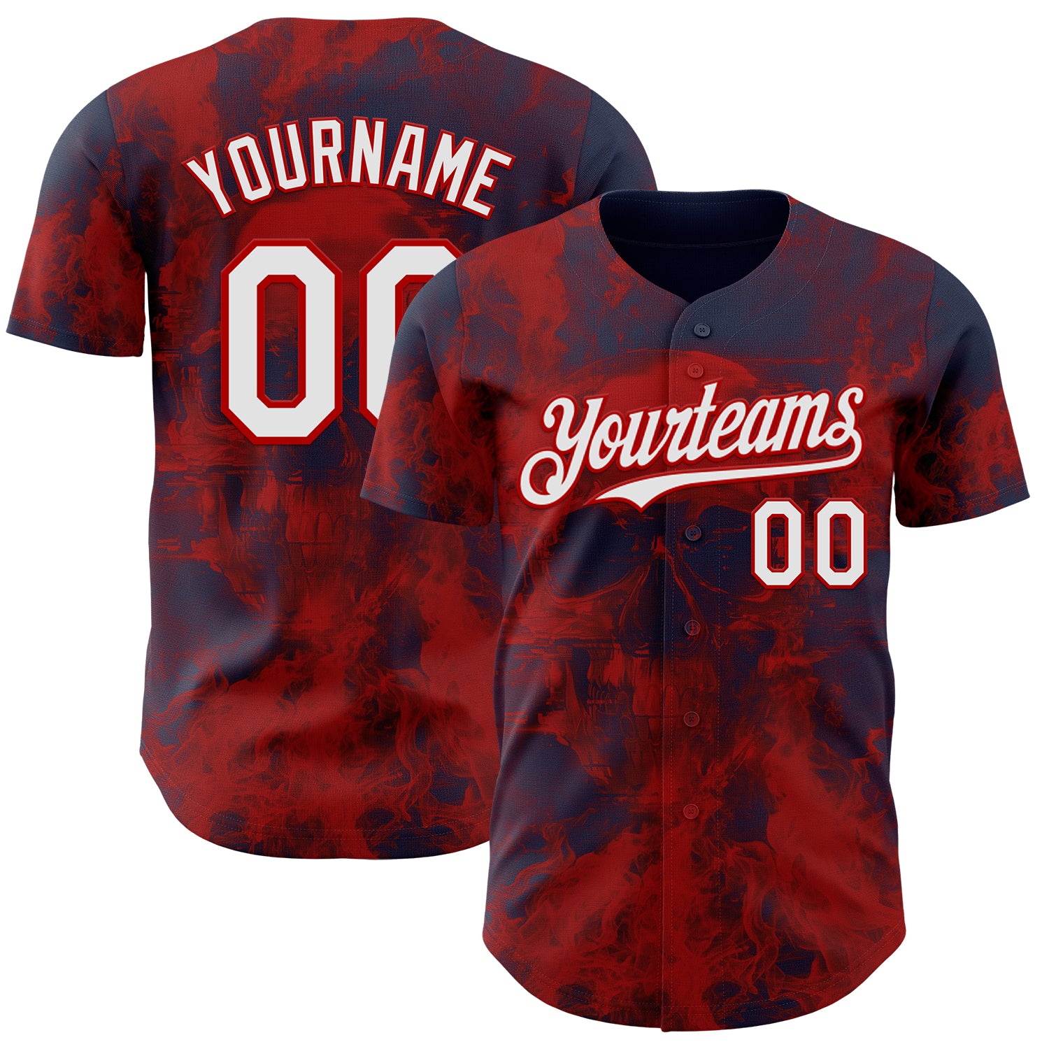 Custom Navy White-Red Flames Skull Authentic Baseball Jersey