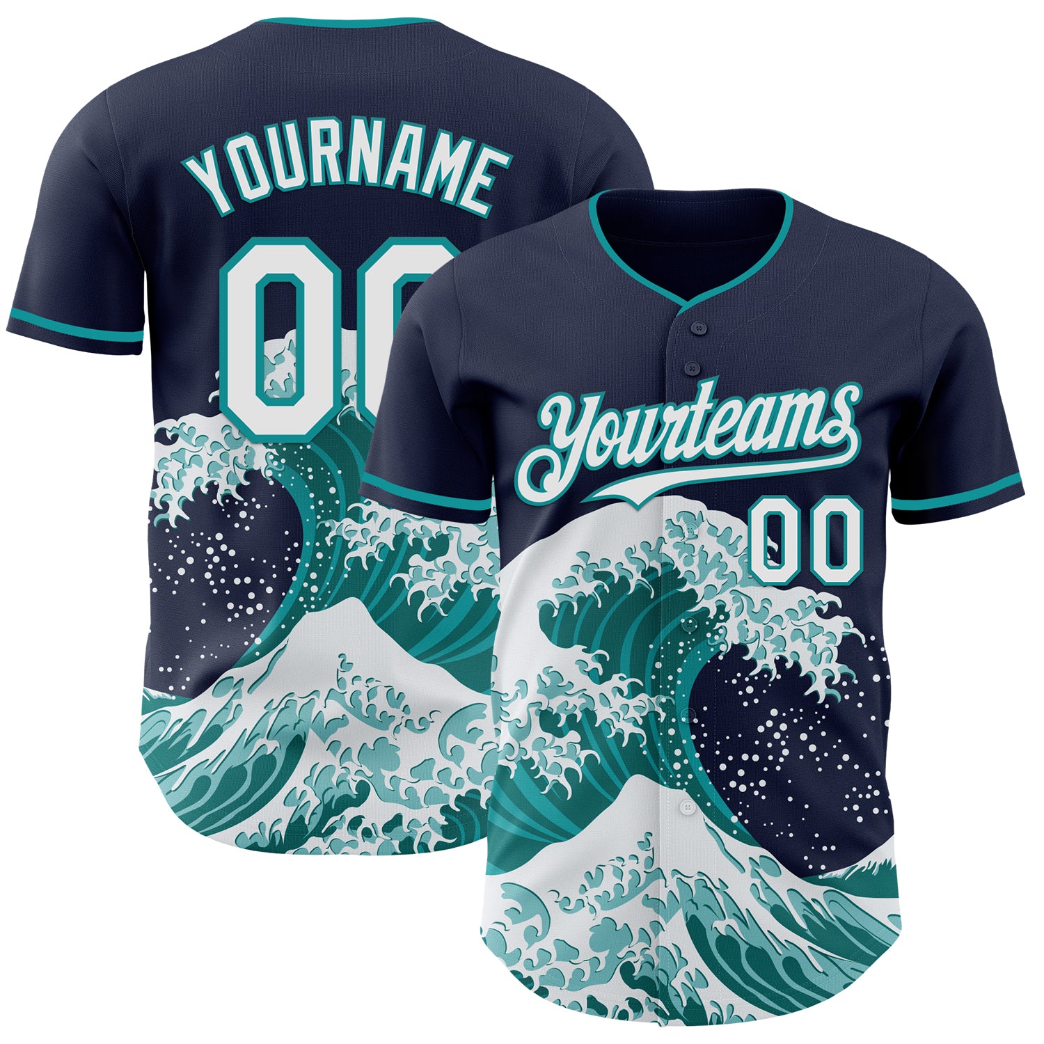 Custom Navy White-Teal Japanese Wave 3D Pattern Design Authentic Baseball Jersey