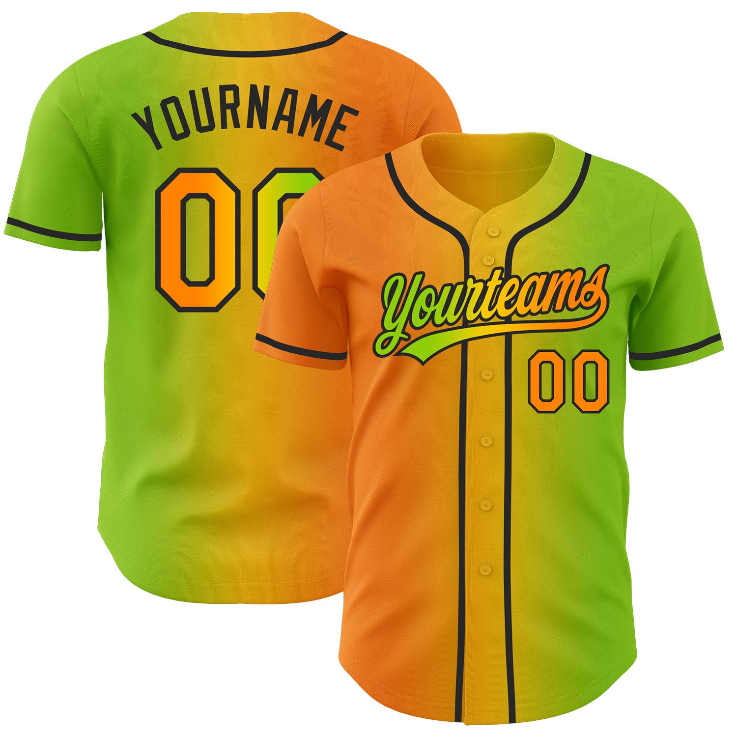 Custom Neon Green Bay Orange Yellow-Black Authentic Gradient Fashion Baseball Jersey