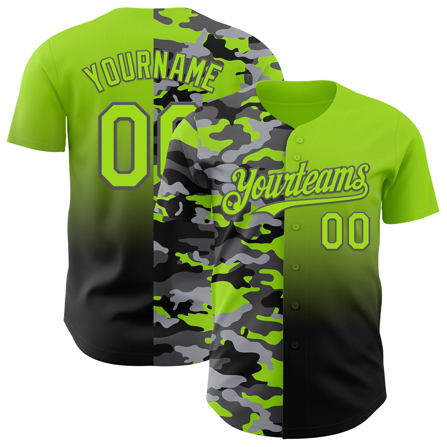 Custom Neon Green Black-Steel Gray Half Camo Ombre Authentic Baseball Jersey