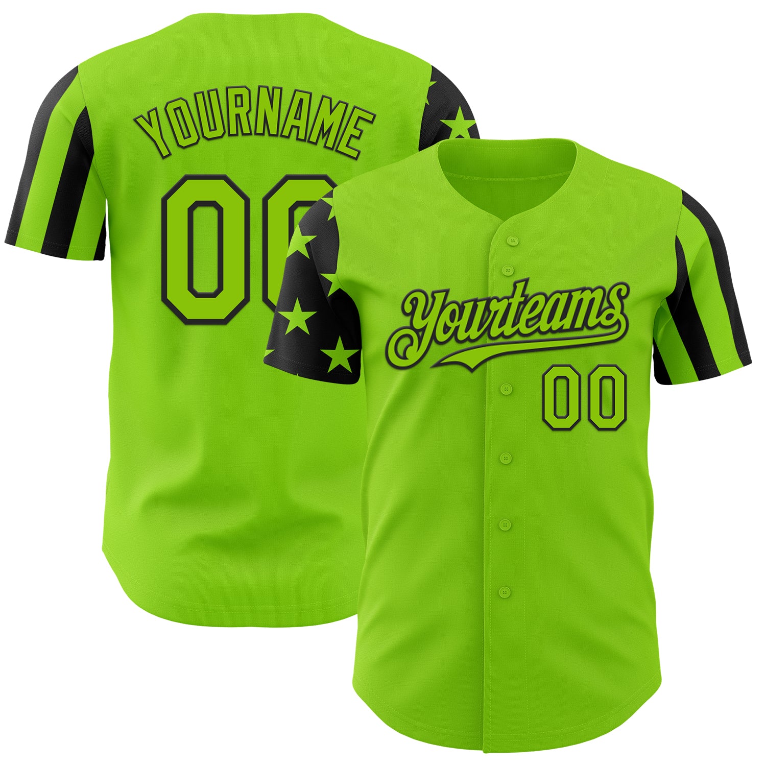 Custom Neon Green-Black Two Tone USA Flag Sleeves Stars and Stripes Authentic Baseball Jersey
