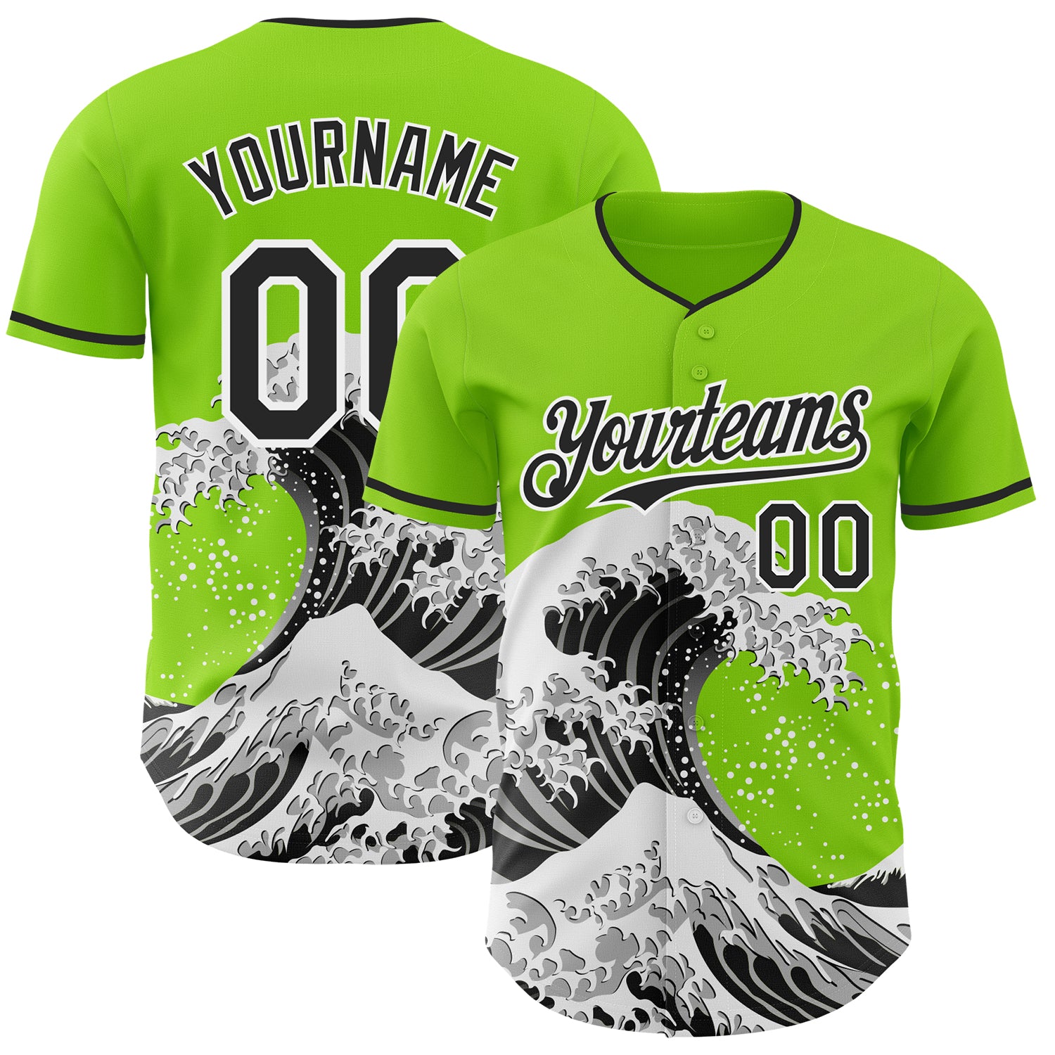 Custom Neon Green Black-White Japanese Wave 3D Pattern Design Authentic Baseball Jersey