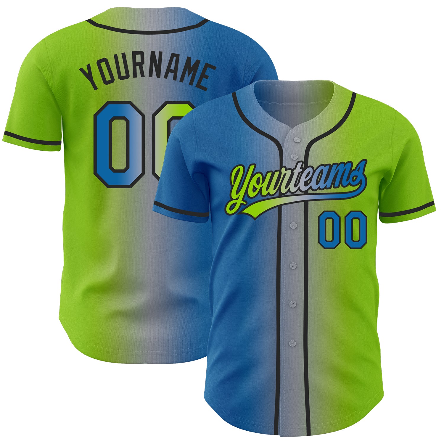 Custom Neon Green Blue Gray-Black Authentic Gradient Fashion Baseball Jersey