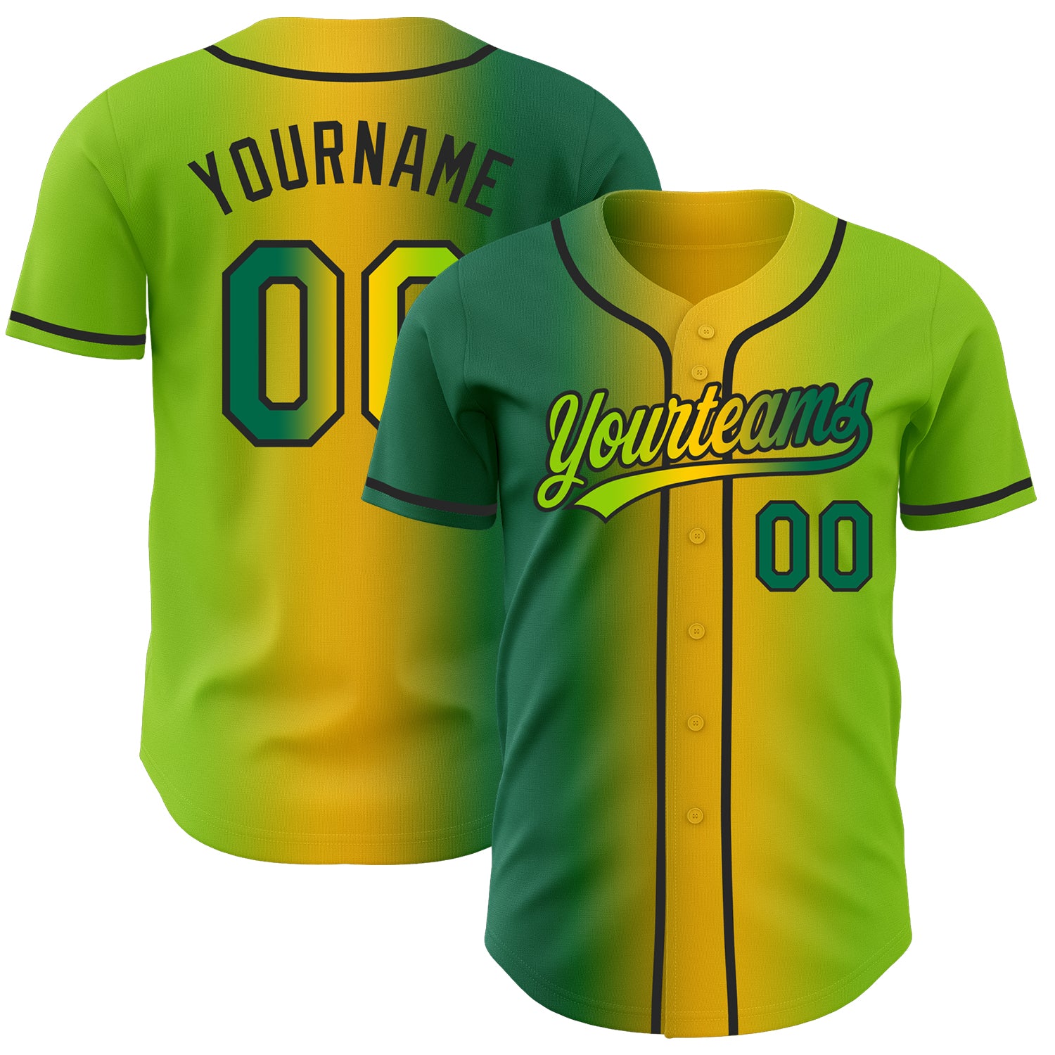 Custom Neon Green Kelly Green Yellow-Black Authentic Gradient Fashion Baseball Jersey