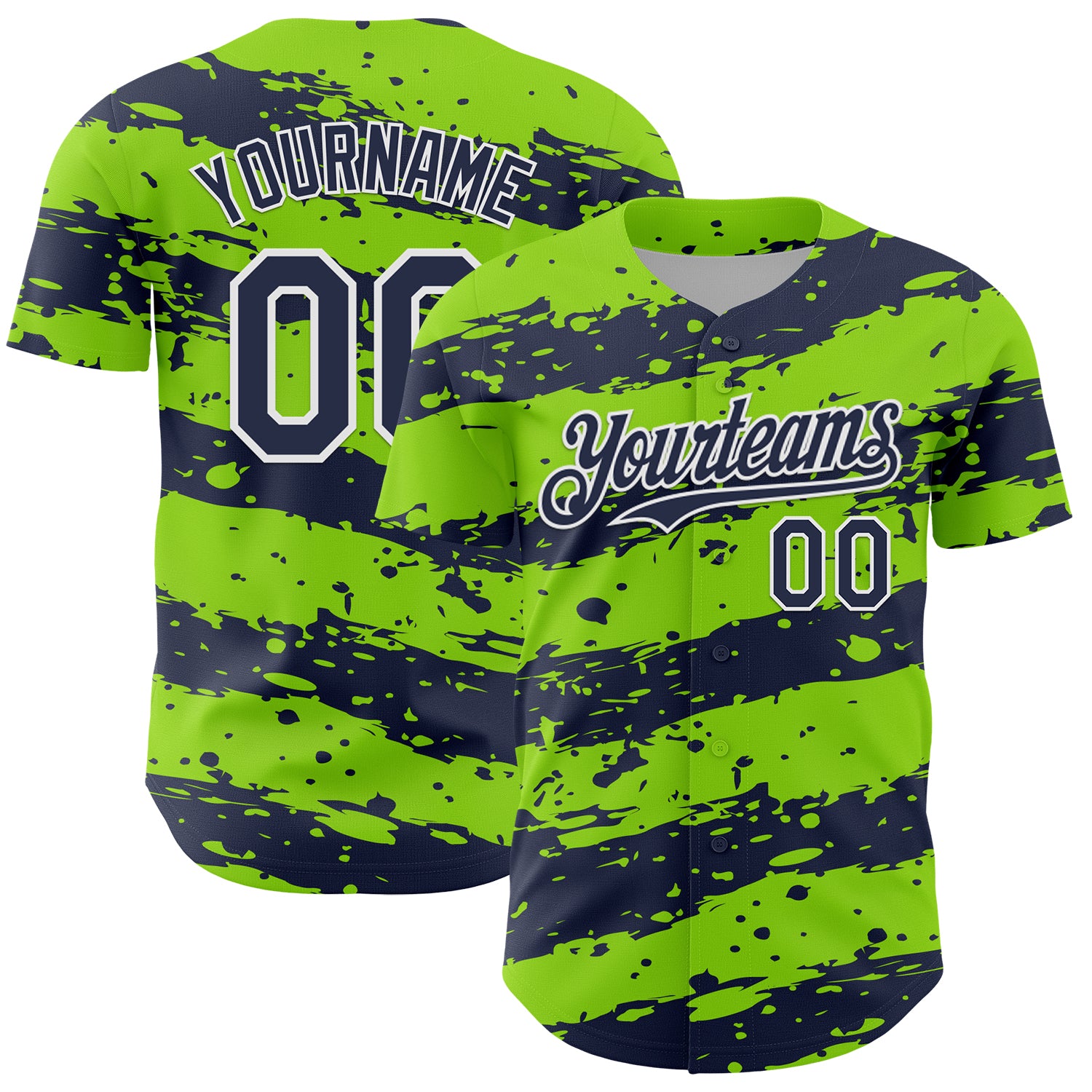 Custom Neon Green Navy-White 3D Pattern Design Paint Splash Stripe Authentic Baseball Jersey