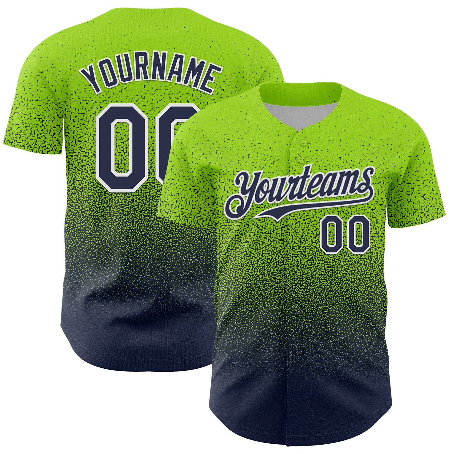 Custom Neon Green Navy-White Fade Fashion Speckle Authentic Baseball Jersey