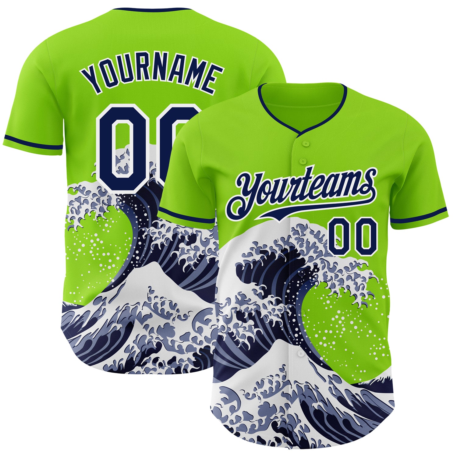 Custom Neon Green Navy-White Japanese Wave 3D Pattern Design Authentic Baseball Jersey