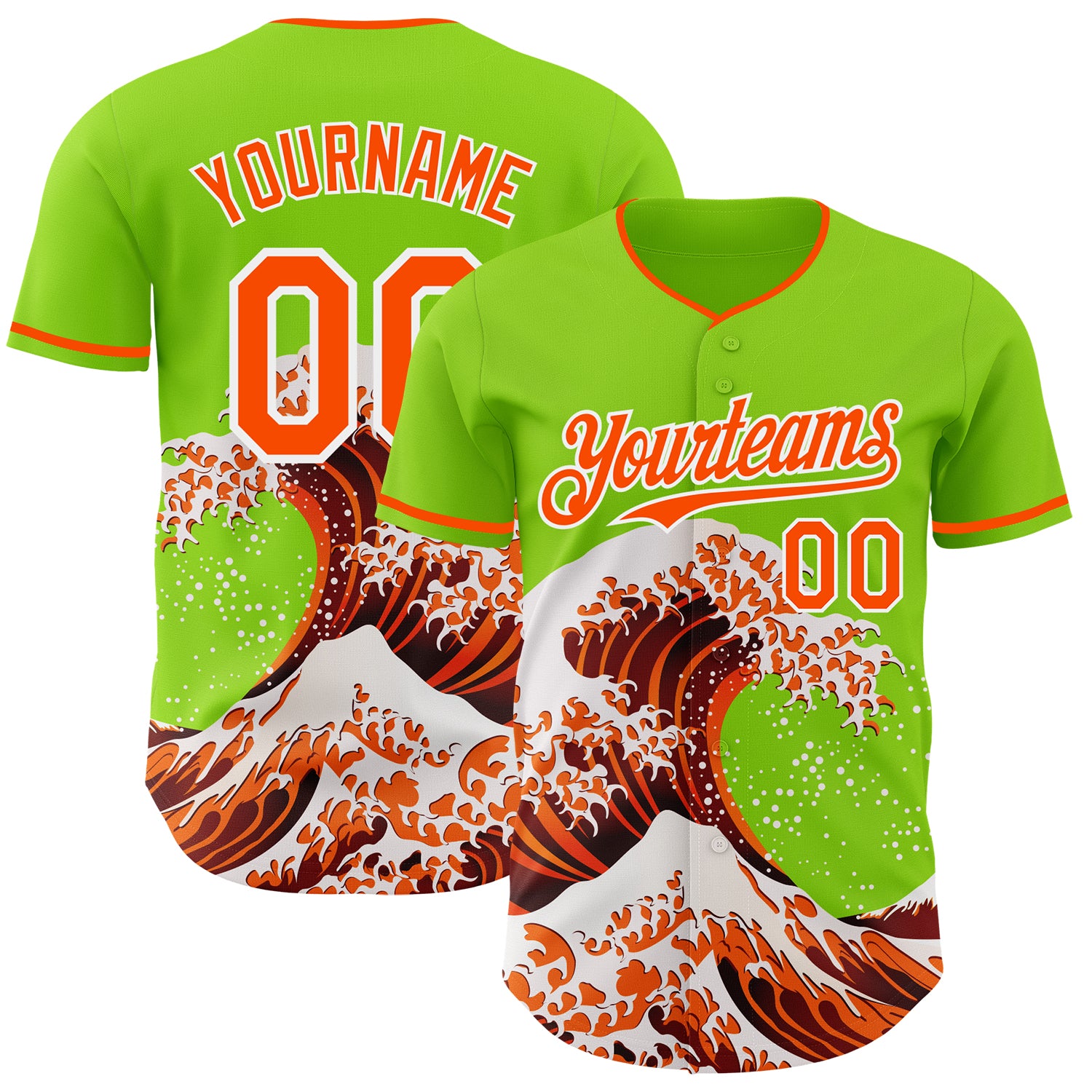 Custom Neon Green Orange-White Japanese Wave 3D Pattern Design Authentic Baseball Jersey