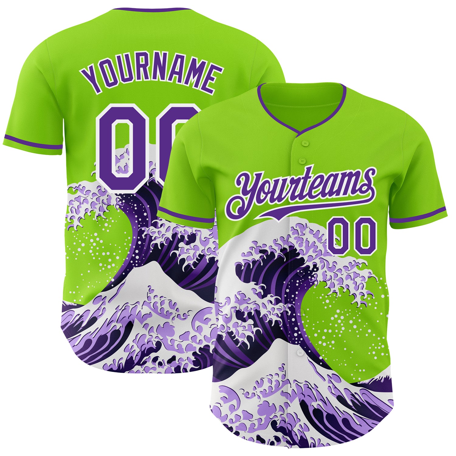 Custom Neon Green Purple-White Japanese Wave 3D Pattern Design Authentic Baseball Jersey