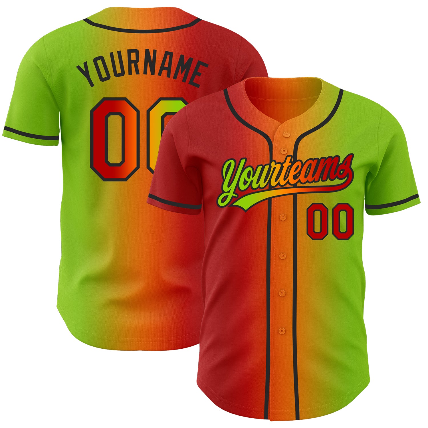 Custom Neon Green Red Bay Orange-Black Authentic Gradient Fashion Baseball Jersey