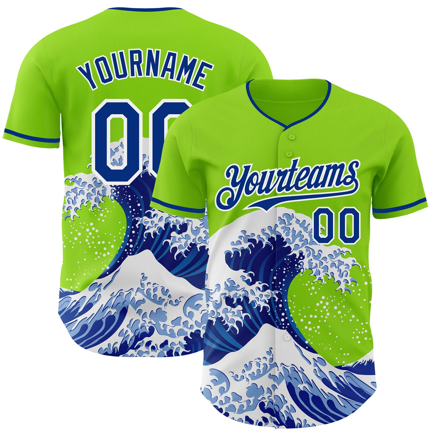 Custom Neon Green Royal-White Japanese Wave 3D Pattern Design Authentic Baseball Jersey