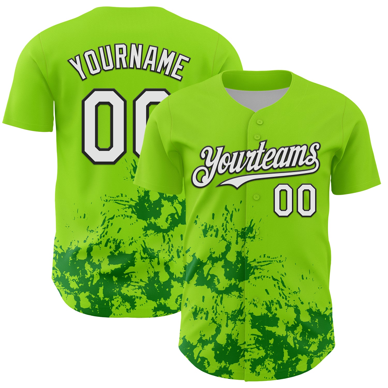 Custom Neon Green White Black-Green Splatter Authentic Baseball Jersey