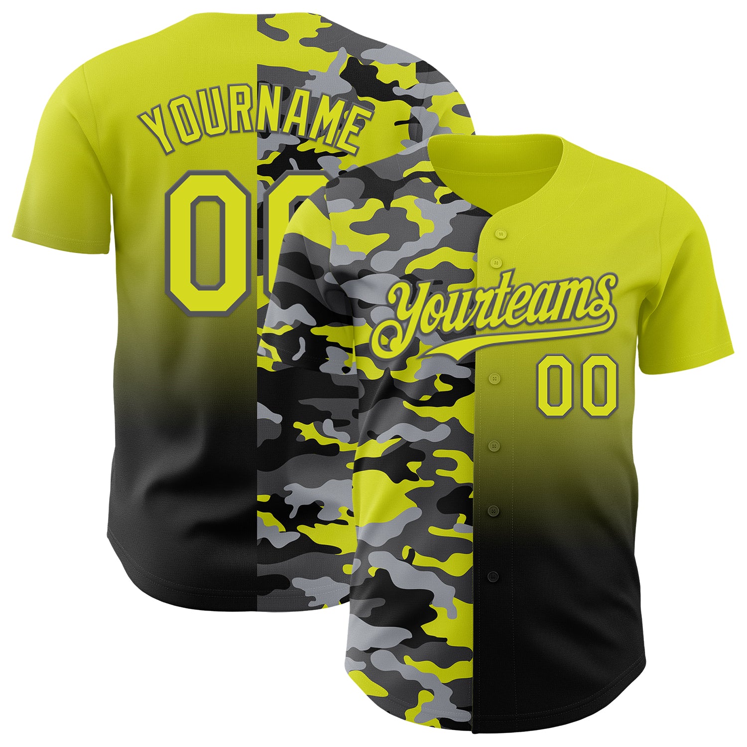 Custom Neon Yellow Black-Steel Gray Half Camo Ombre Authentic Baseball Jersey