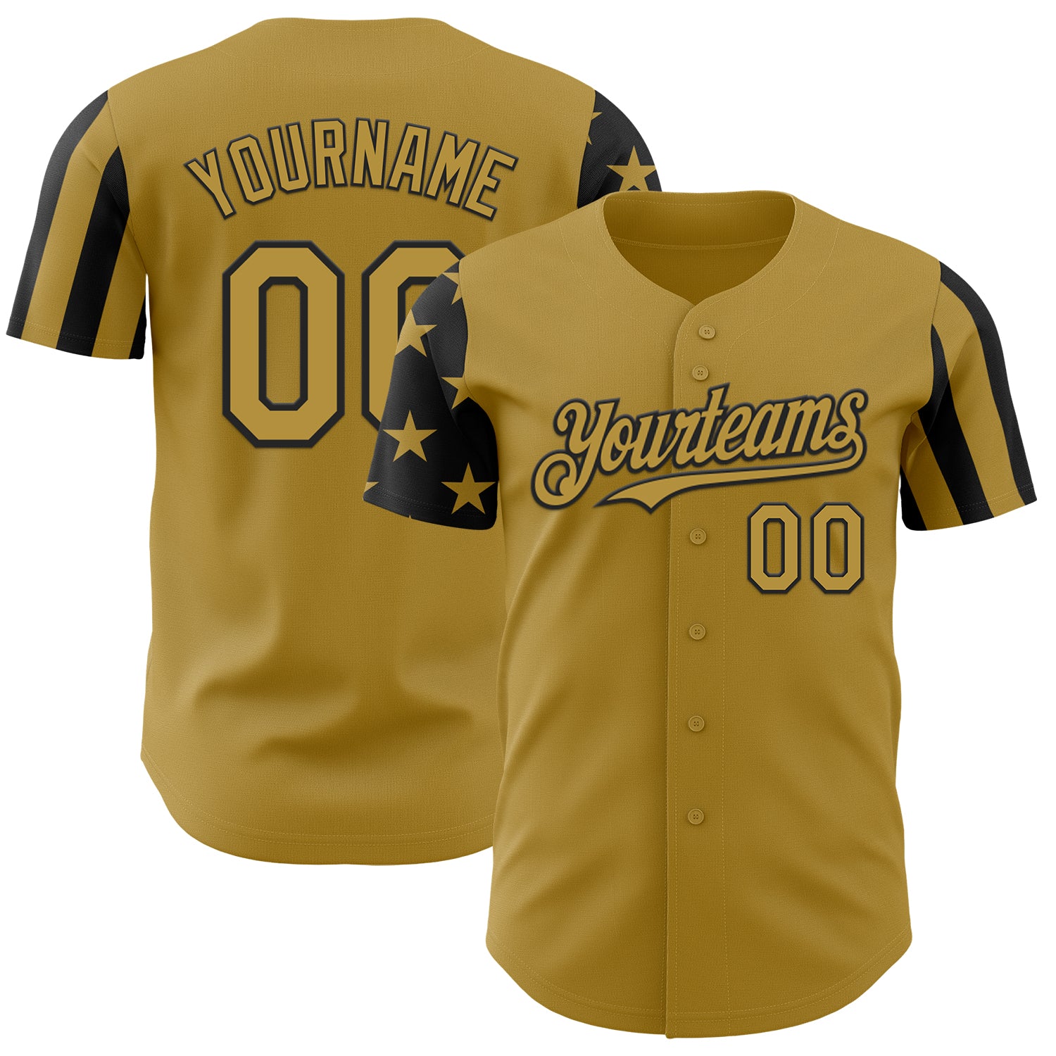 Custom Old Gold-Black Two Tone USA Flag Sleeves Stars and Stripes Authentic Baseball Jersey