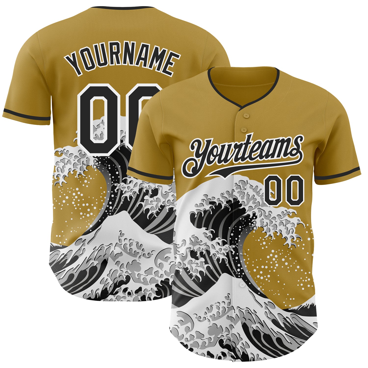 Custom Old Gold Black-White Japanese Wave 3D Pattern Design Authentic Baseball Jersey