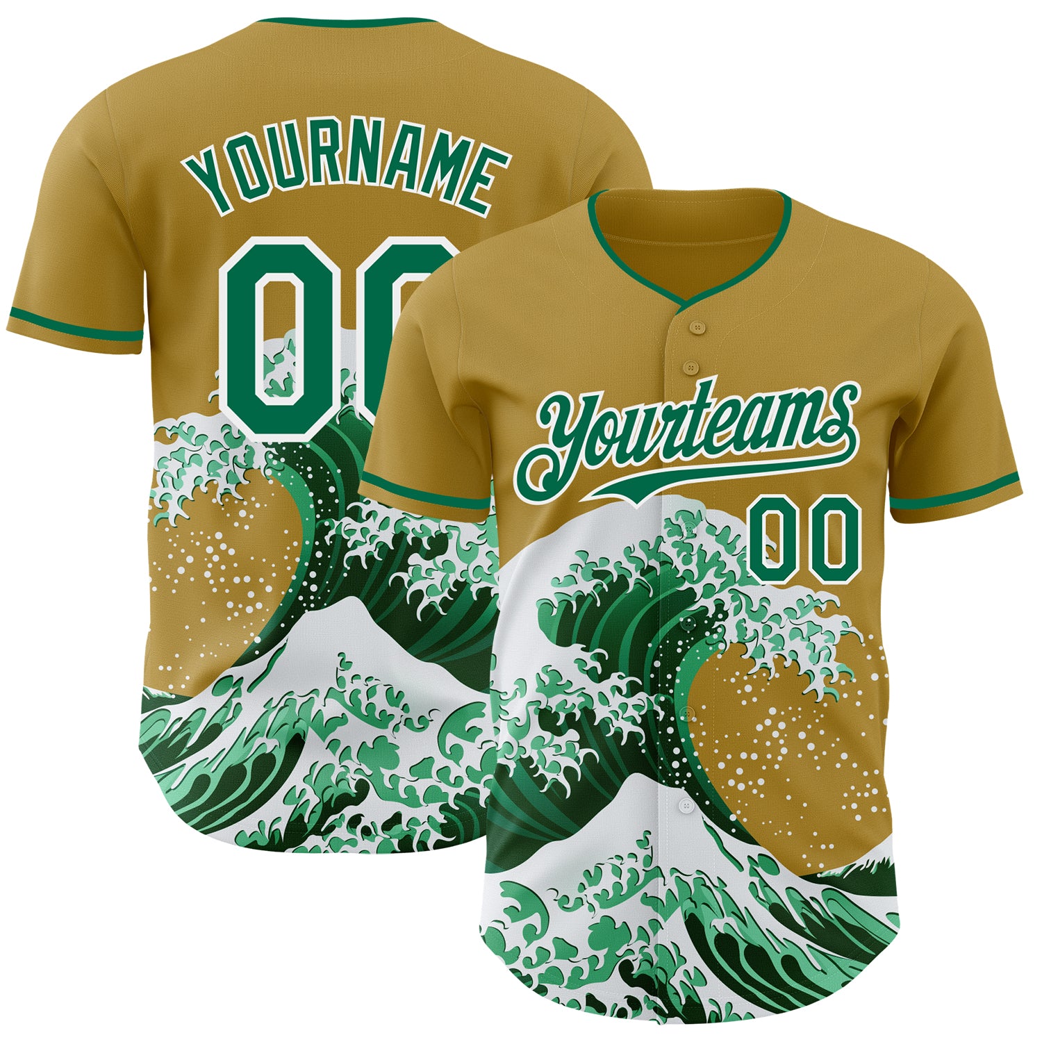 Custom Old Gold Kelly Green-White Japanese Wave 3D Pattern Design Authentic Baseball Jersey