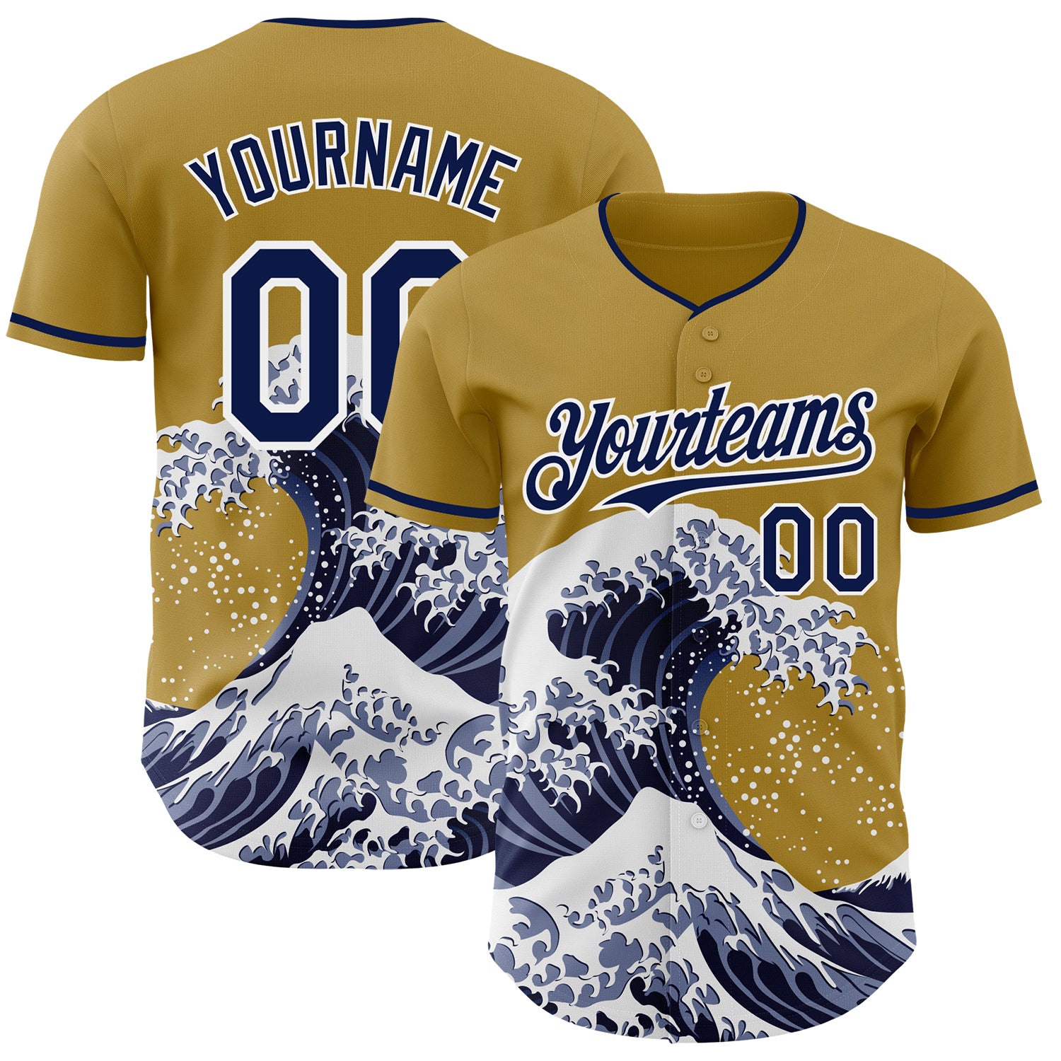 Custom Old Gold Navy-White Japanese Wave 3D Pattern Design Authentic Baseball Jersey