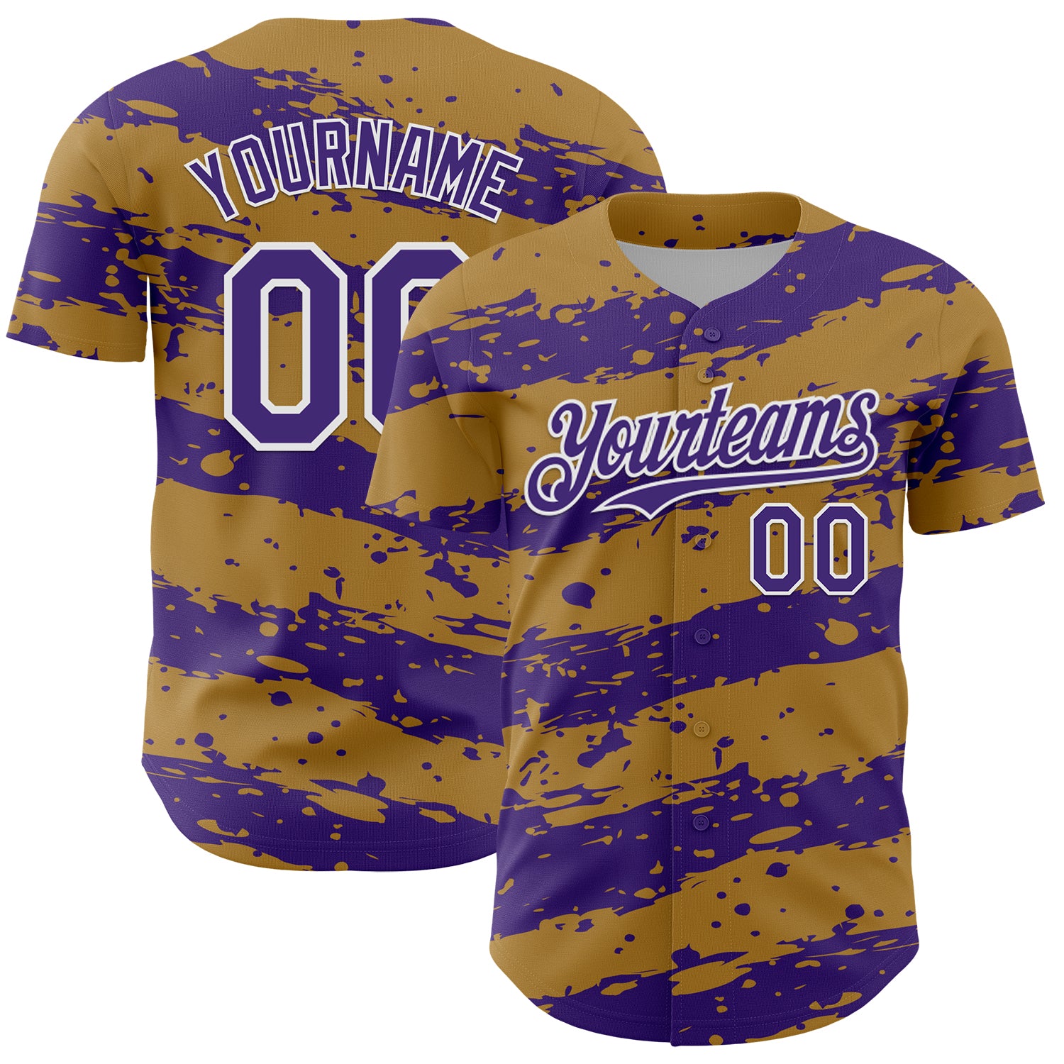 Custom Old Gold Purple-White 3D Pattern Design Paint Splash Stripe Authentic Baseball Jersey