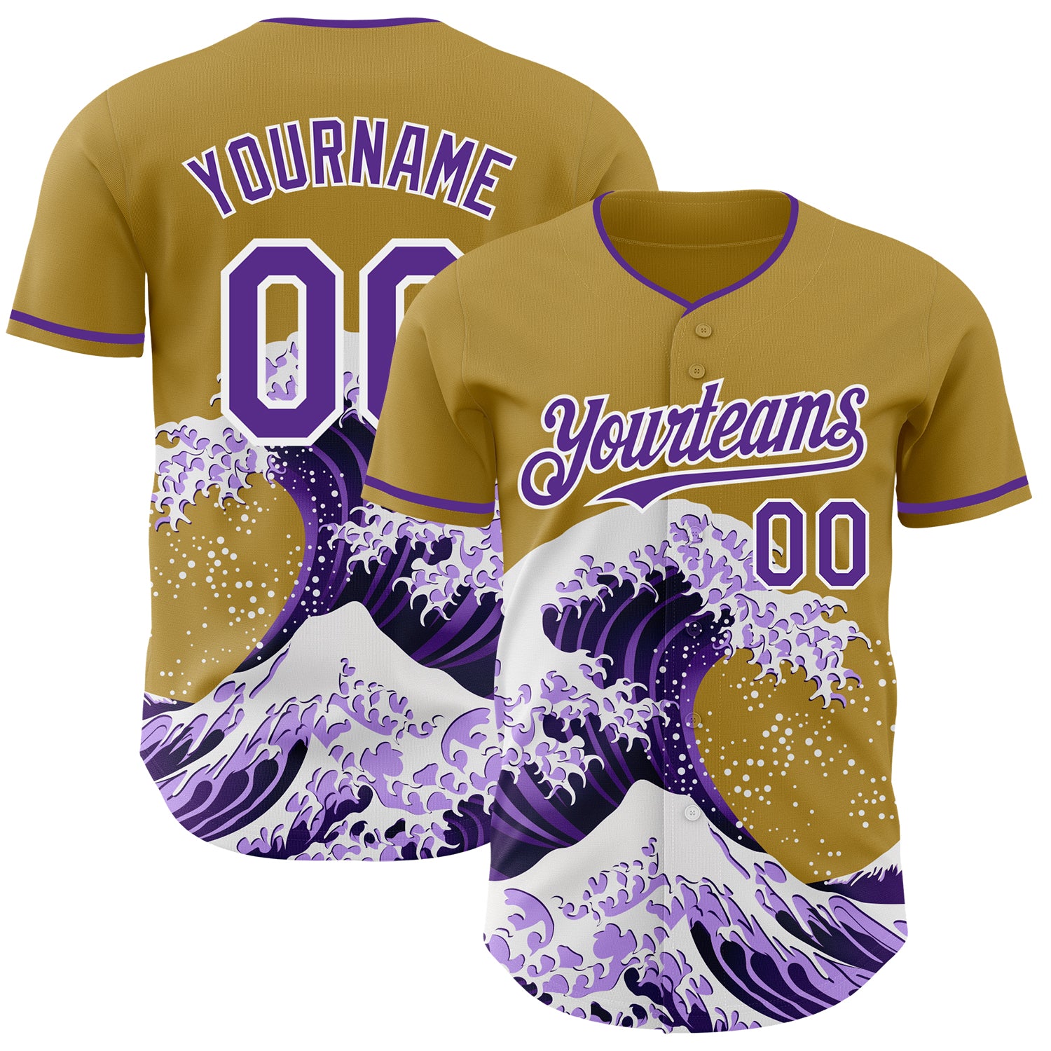 Custom Old Gold Purple-White Japanese Wave 3D Pattern Design Authentic Baseball Jersey