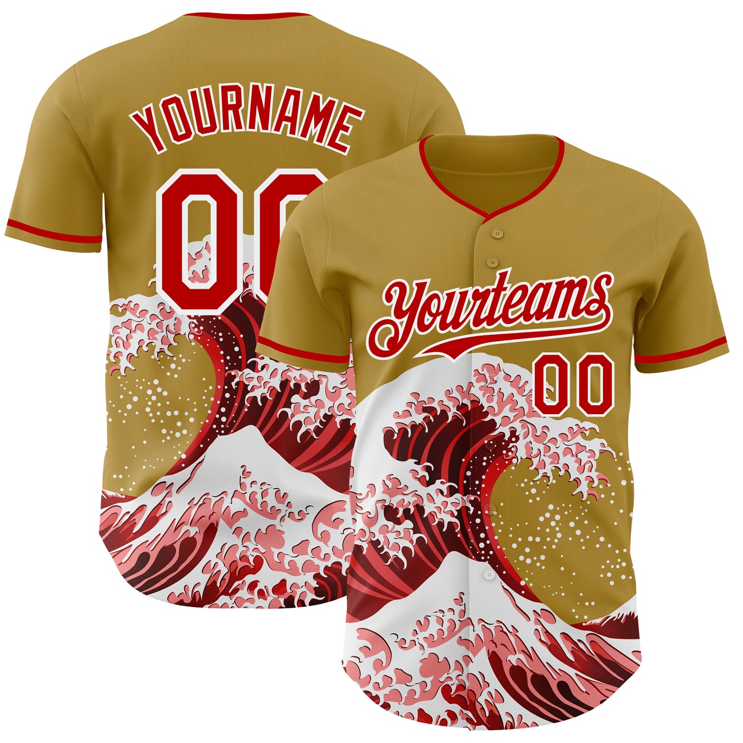 Custom Old Gold Red-White Japanese Wave 3D Pattern Design Authentic Baseball Jersey