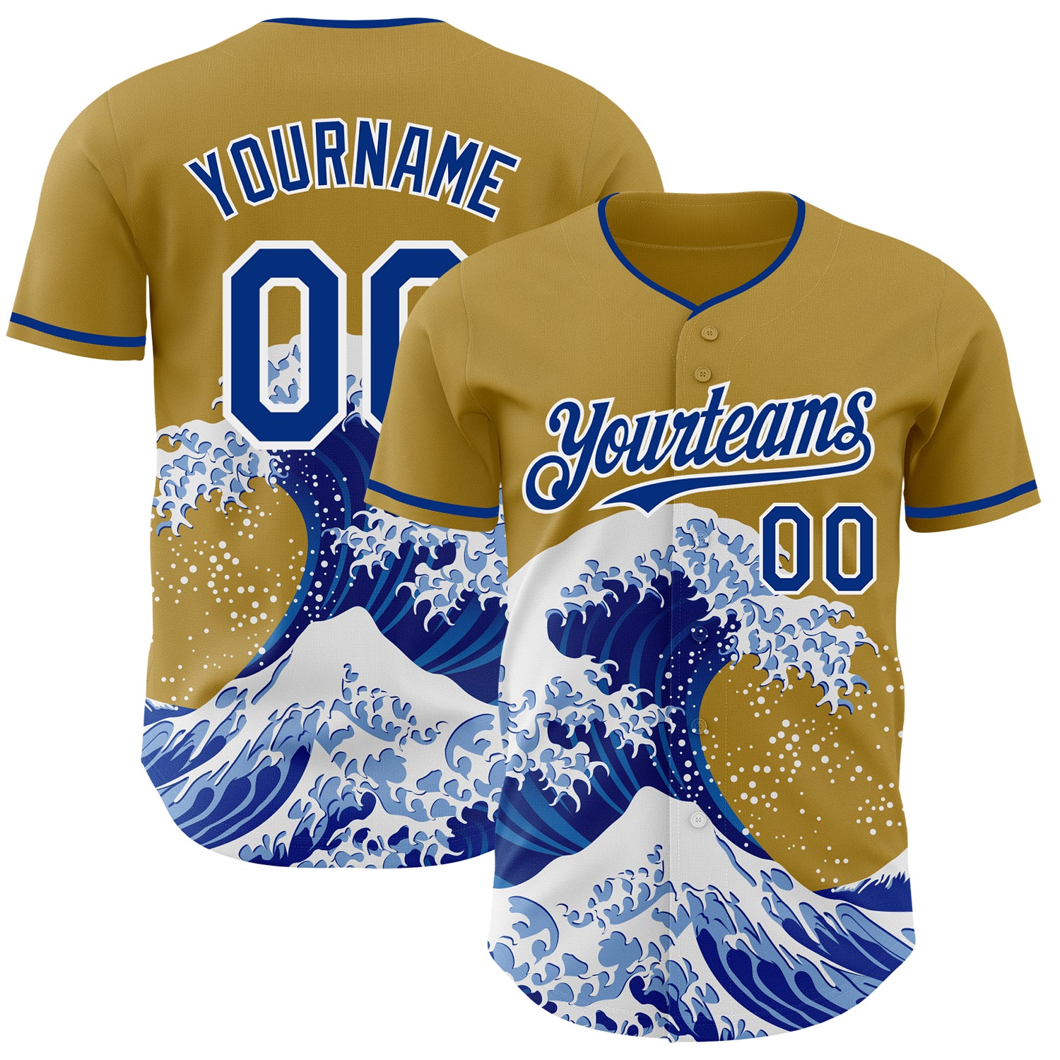 Custom Old Gold Royal-White Japanese Wave 3D Pattern Design Authentic Baseball Jersey