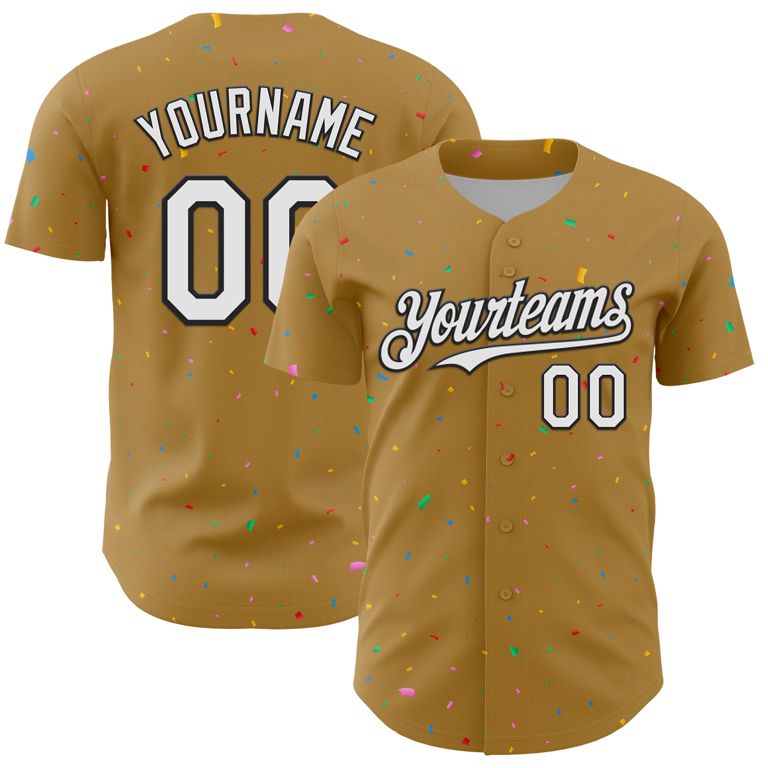 Custom Old Gold White-Black 3D Pattern Design Confetti Colorful Speckle Authentic Baseball Jersey