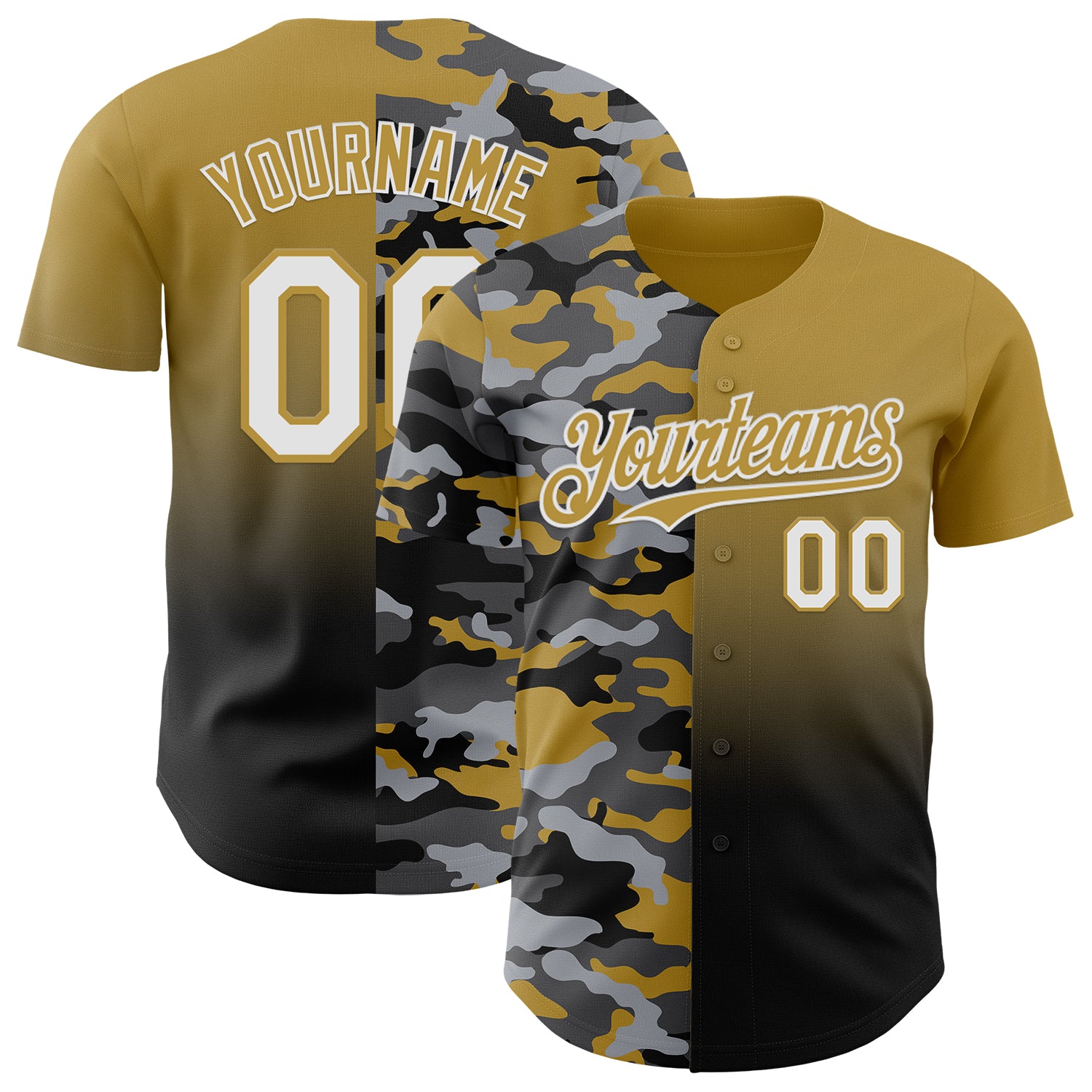 Custom Old Gold White-Black Half Camo Ombre Authentic Baseball Jersey