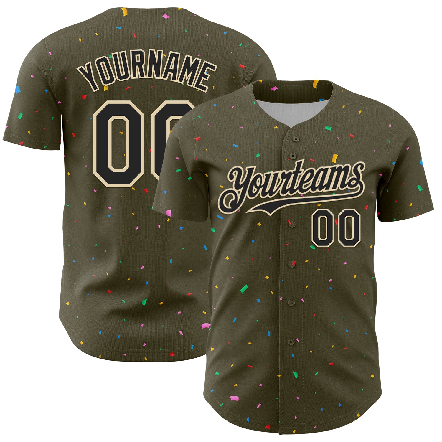 Custom Olive Black-Cream 3D Pattern Design Confetti Colorful Speckle Authentic Baseball Jersey