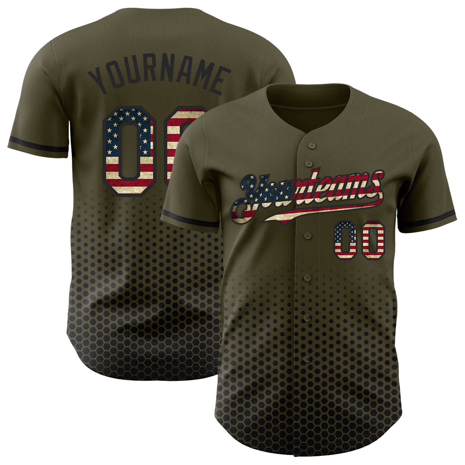 Custom Olive Vintage USA Flag-Black Geometric Hexagonal Dot Gradient Authentic Baseball Jersey
