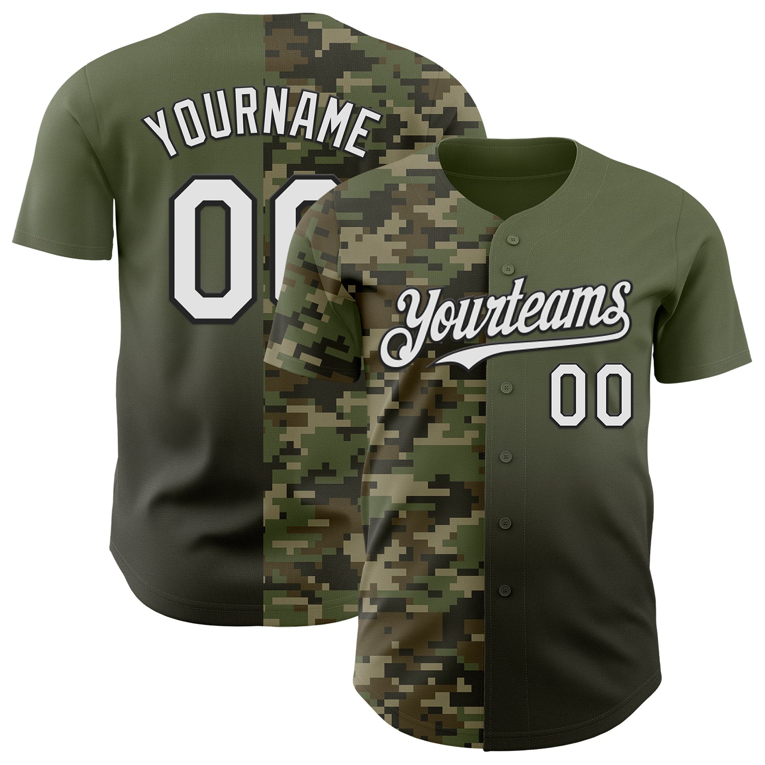 Custom Olive White-Black Half Camo Ombre Authentic Baseball Jersey