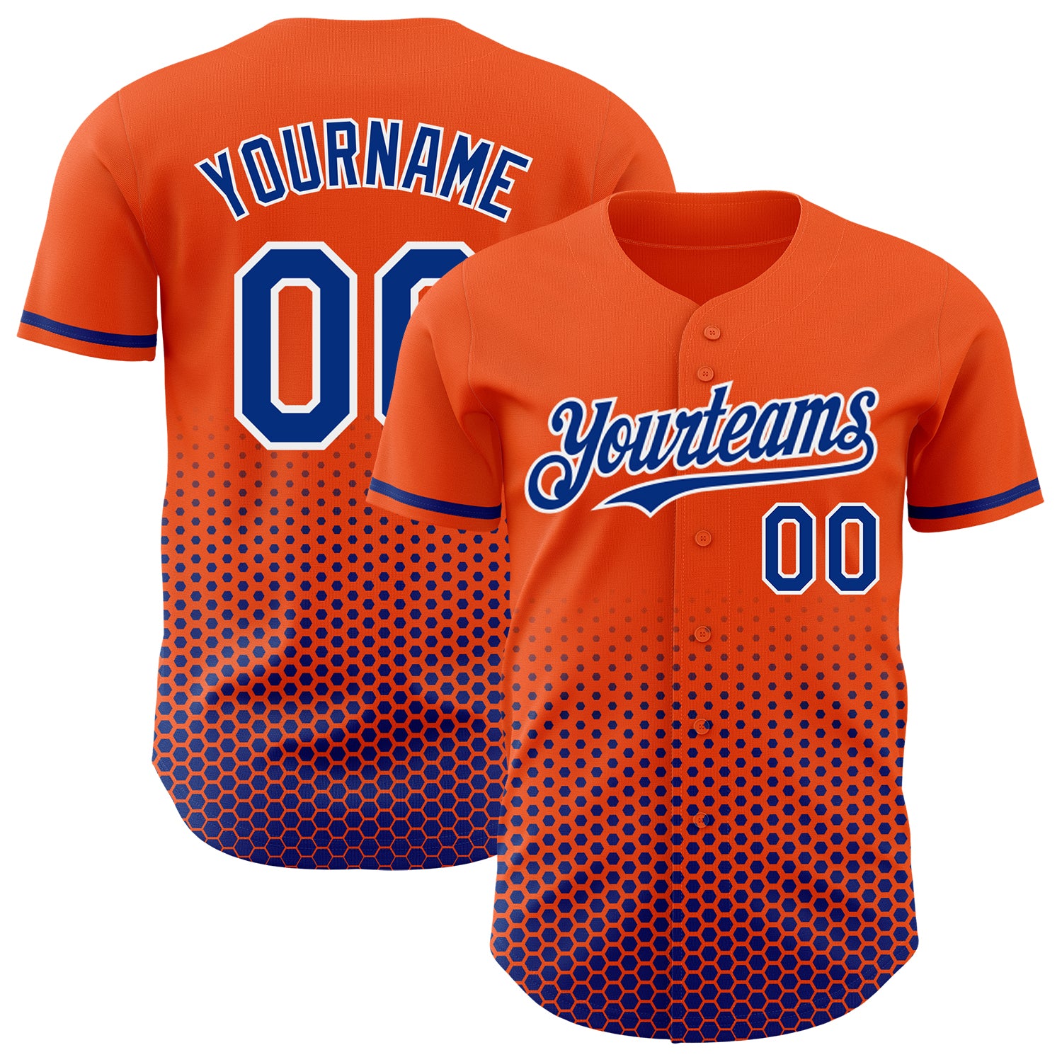 Custom Orange Royal-White Geometric Hexagonal Dot Gradient Authentic Baseball Jersey