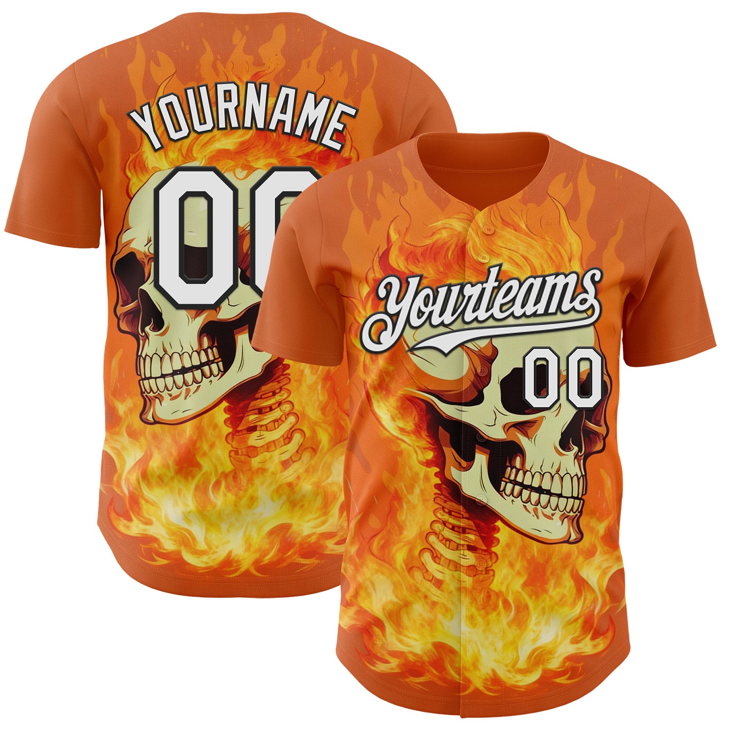 Custom Orange White-Black Flames Skull Authentic Baseball Jersey