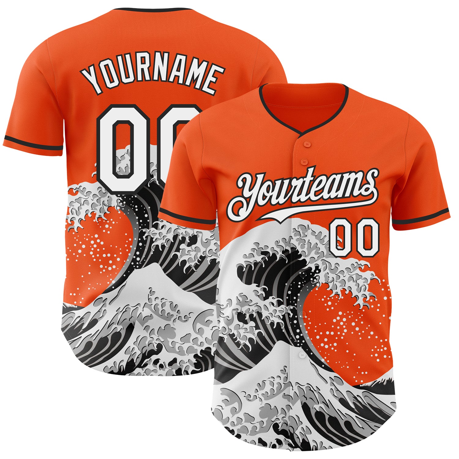 Custom Orange White-Black Japanese Wave 3D Pattern Design Authentic Baseball Jersey
