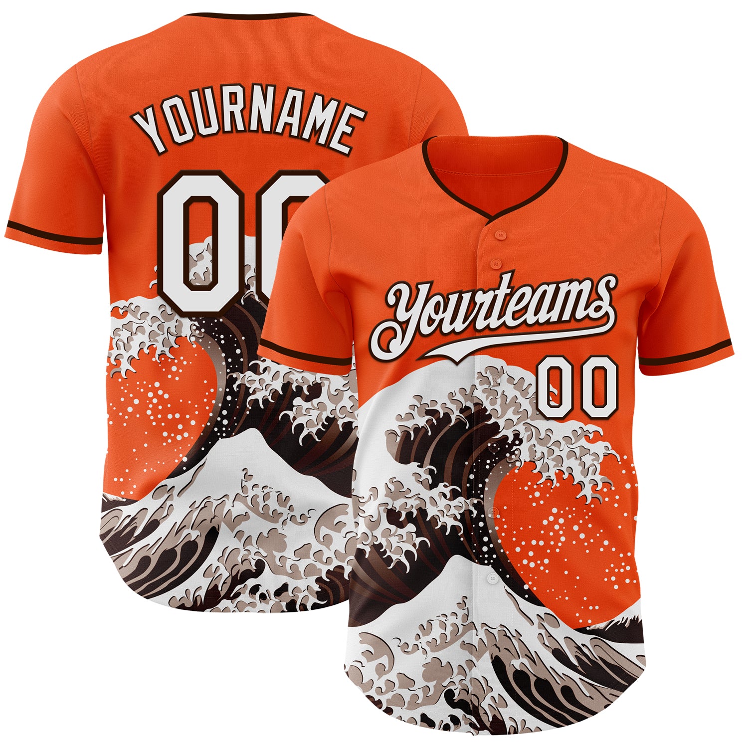 Custom Orange White-Brown Japanese Wave 3D Pattern Design Authentic Baseball Jersey