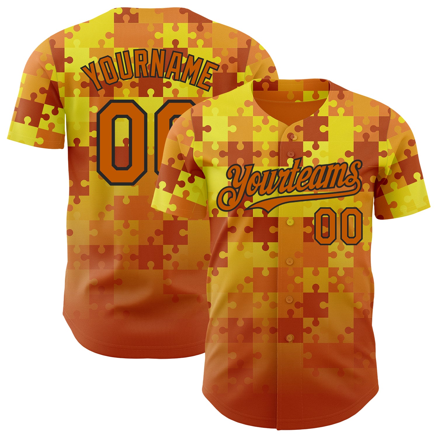 Custom Orange White Gold-Black Puzzle 3D Pattern Design Authentic Baseball Jersey